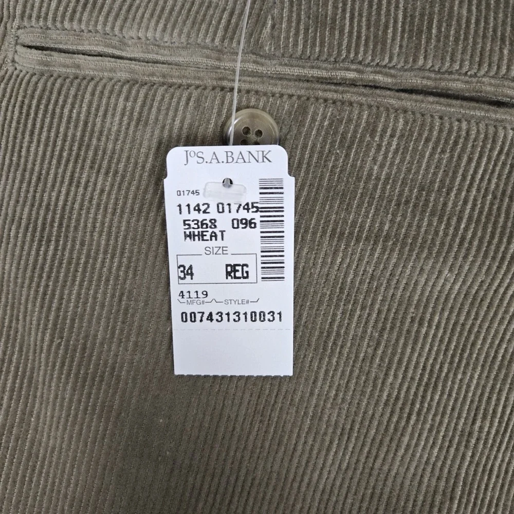 Jos. A. Bank Pants Mens 34 Unhemmed Corduroy‎ Windsor Executive Pleated NWT